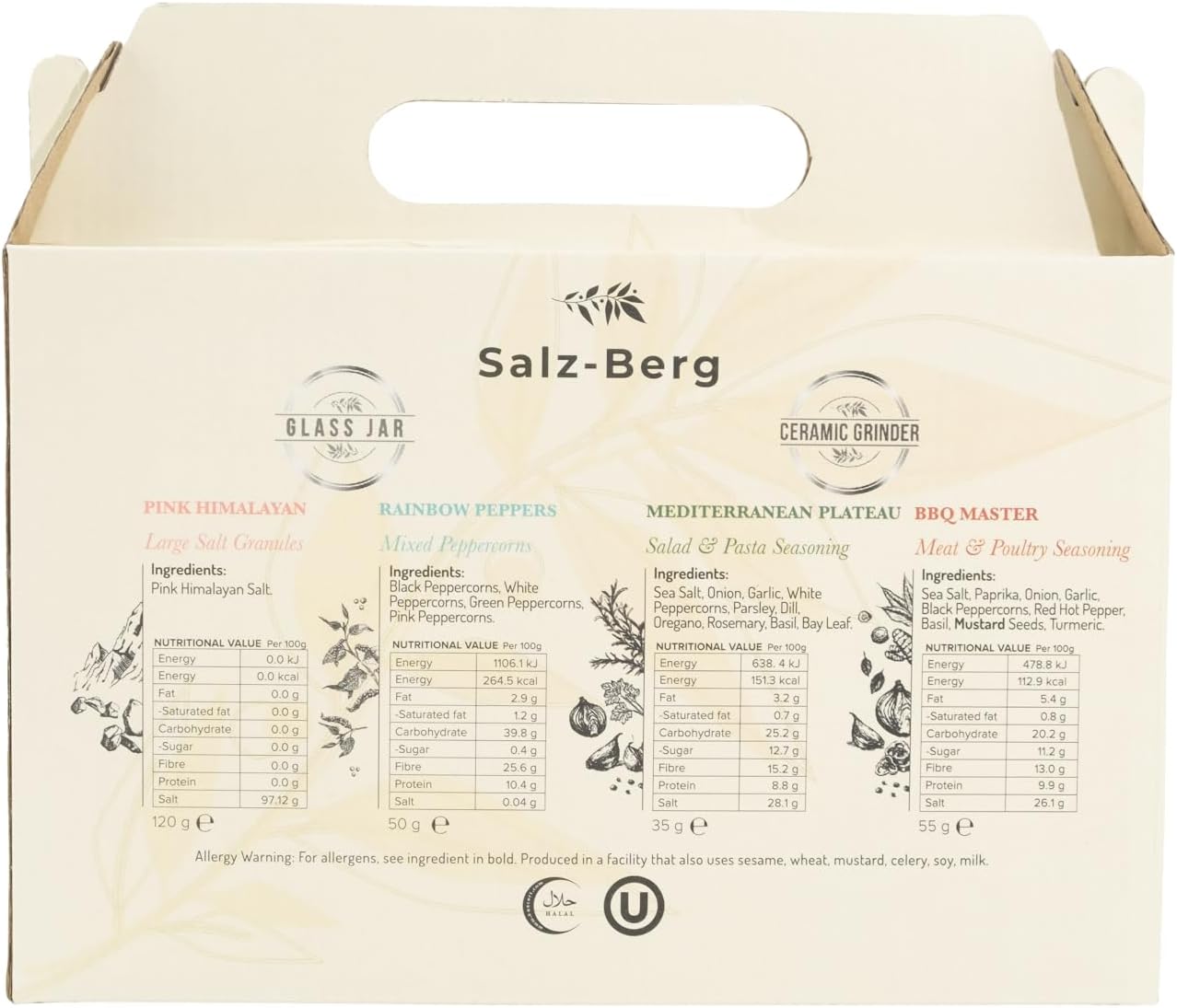 alz-Berg Spice Gift Box, Includes 4 Varieties - Pink Himalayan, Rainbow Peppers, Mediterranean Plateau and BBQ Master.