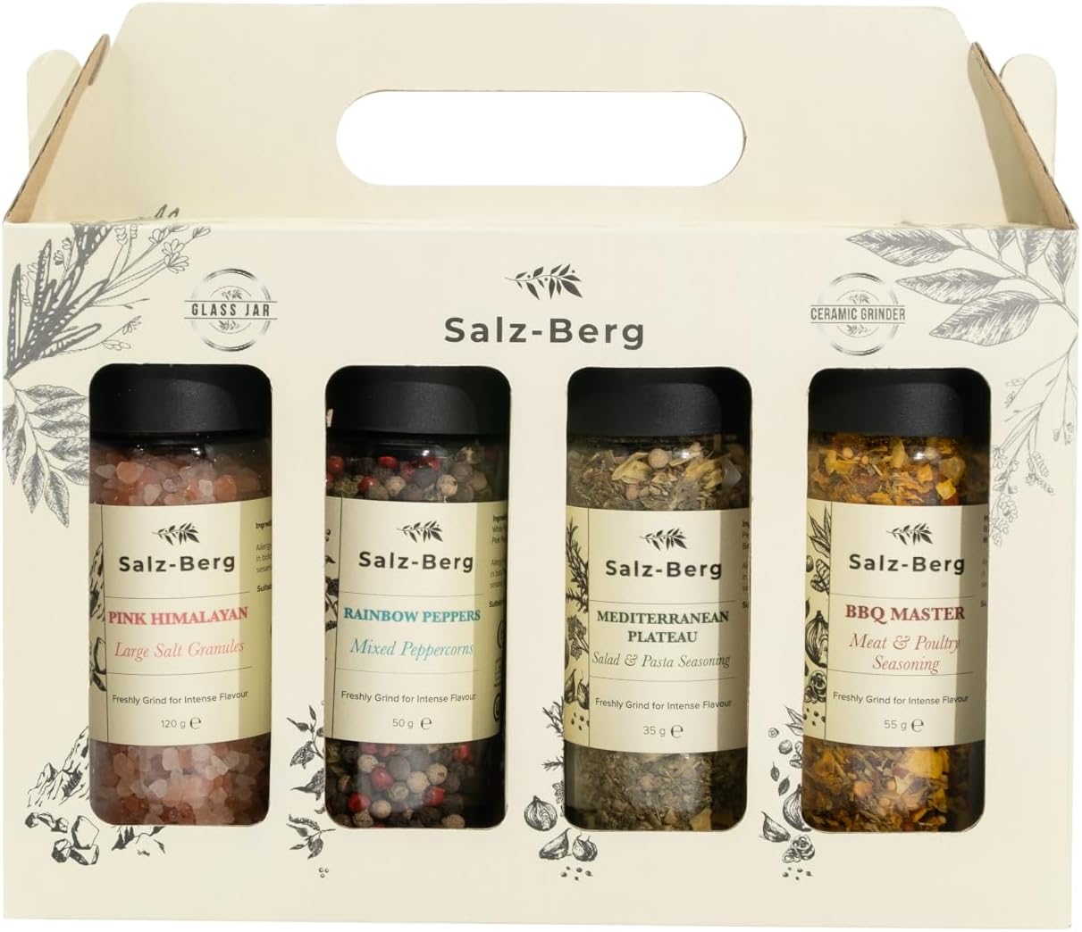 alz-Berg Spice Gift Box, Includes 4 Varieties - Pink Himalayan, Rainbow Peppers, Mediterranean Plateau and BBQ Master.